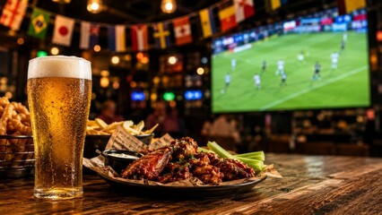 A frosty glass of lager beer on a wooden table in a lively sports bar, with delicious pub food like chicken wings and onion rings, against a blurred big screen showing a soccer match. © Daria