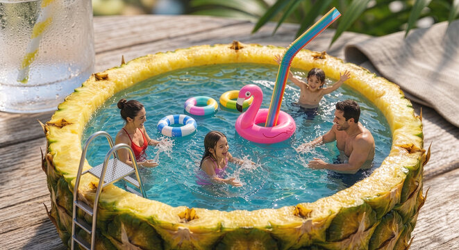 Creative Summer Vacation Concept with Miniature Family Swimming in a Pineapple Pool with Flamingo Float