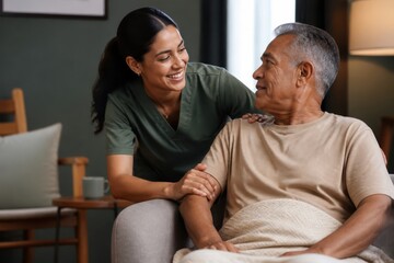 Obraz premium Smiling female caregiver supporting senior man in a cozy home living room