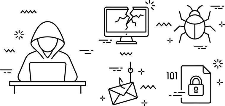 Cybersecurity threat cybercrime hacker attack phishing email and malware virus line icons vector set