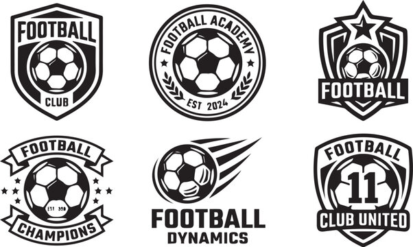 Black football logos and badges with soccer balls
