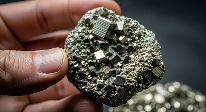 Close-up of a hand holding a beautiful pyrite mineral specimen with cubic crystals.