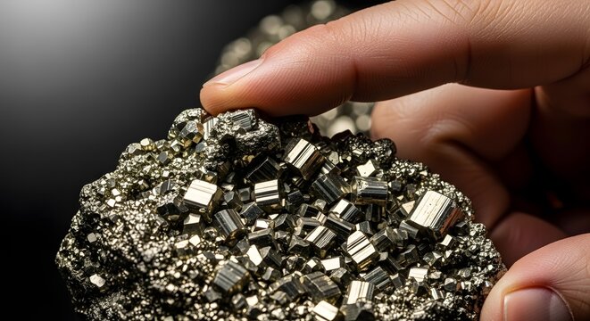 Close-up of a Hand Holding a Pyrite Mineral Specimen.