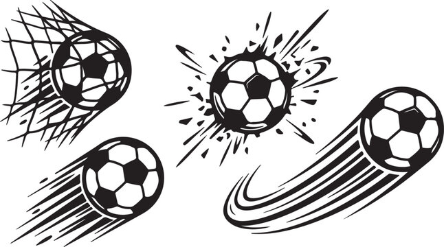 Black and white soccer balls in motion