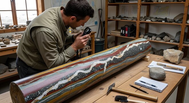 Geologist examines intricate mineral veins in a large polished rock specimen.
