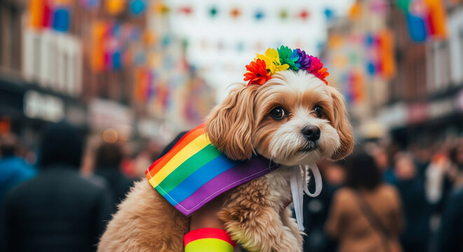 Adorable dog in rainbow attire celebrating pride.