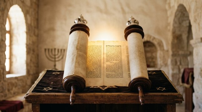 Jewish heritage illustrated in radiant scroll imagery representing tradition, spirituality, and sacred offering