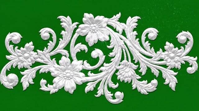 White floral ornament growing animation with elegant baroque details isolated on green screen background