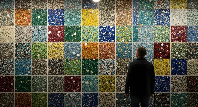 Man admires a large colorful mosaic art installation with many small squares.