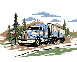 Obraz premium Semi truck driving on mountain road illustration. Heavy freight transportation concept. American patriotic trucking landscape. Blue big rig haul.