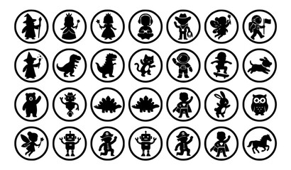 Creative cartoon character silhouette badge vector set with fantasy adventure and kids figures © Md Humaun