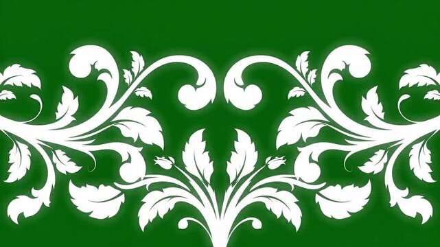 Elegant white floral flourishes growing and swirling on a vibrant green screen background loop animation