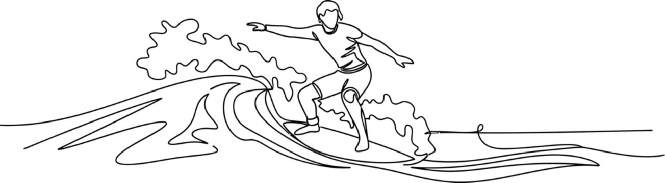 Continuous line drawing of a surfer riding a wave, dynamic motion, sport illustration