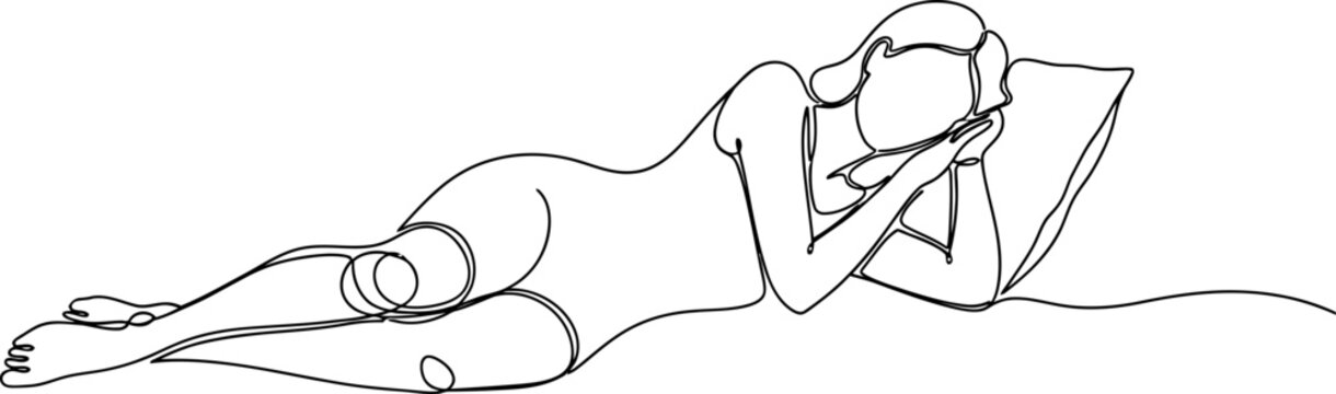 Line Art Woman Sleeping on Pillow, Relaxed Pose