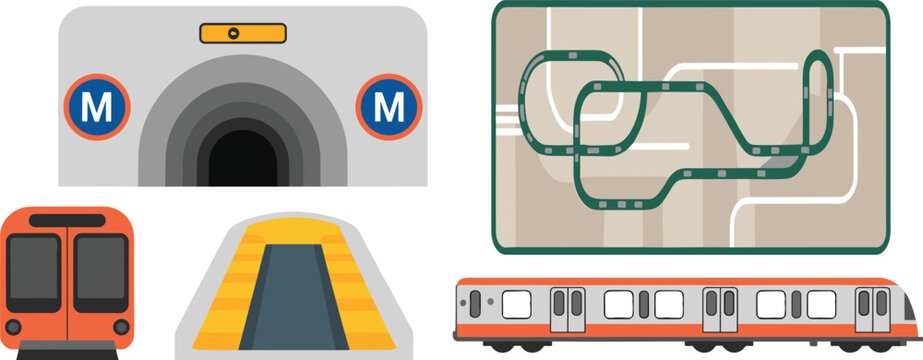 Modern metro transportation system illustration showing subway train, tunnel entrance, platform, and city route map design