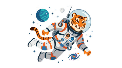Tiger Astronaut Floating in Outer Space with Planets and Stars © Akun