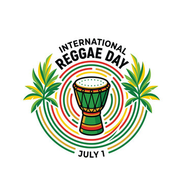 Reggae drum illustration with palm fronds and concentric circles a vibrant vector design on a white background percussion instrument music rhythm