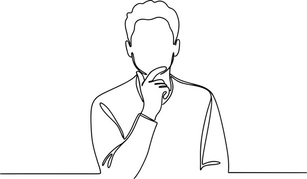 Man thinking, one line drawing art, face in profile, isolated on white background