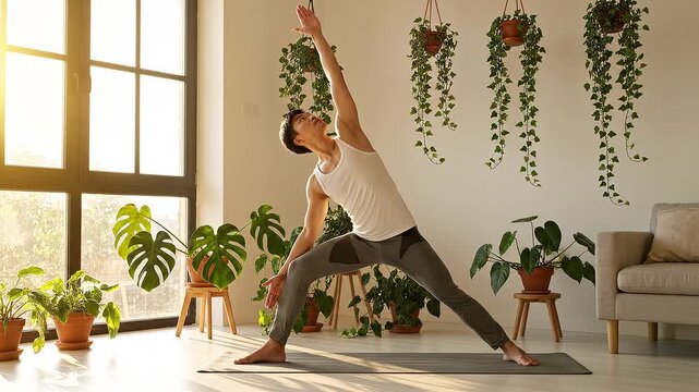 Peaceful young man in a bright, sunlit room practicing yoga, holding a triangle pose, fostering a mindful wellness lifestyle surrounded by lush green houseplants