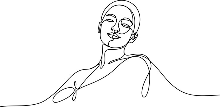 Minimalist line art portrait of a woman with closed eyes and serene expression, elegant beauty