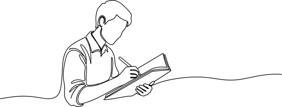 Minimalist single line drawing of a man writing in a notebook, concept of work or study