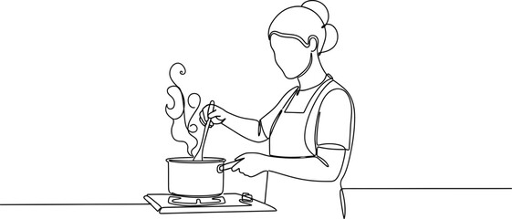 Continuous line drawing of a woman cooking in a pot on a stove, steam rising © Cimong