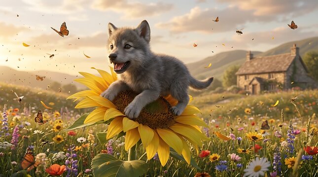 Adorable wolf pup sitting on a giant sunflower in a vibrant meadow with butterflies and a farmhouse in the background