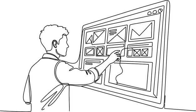 Web designer creating wireframes on a large screen, continuous line art style