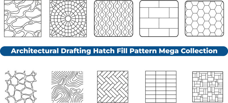 Architectural drafting hatch fill patterns featuring various geometric stone masonry and paving block styles for construction