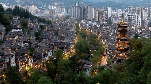 Aerial view of cityscape with residential and high-rise buildings at dusk background