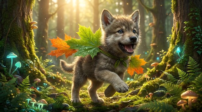 Cute wolf pup wearing a necklace of autumn leaves in a sunlit, magical forest with glowing mushrooms