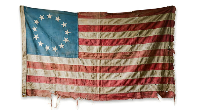 Vintage betsy ross american flag with 13 stars on white background, symbolizing early united states history and patriotism with red, white, and blue colors
