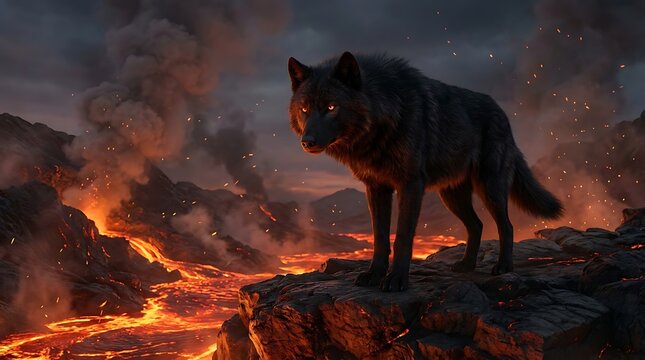 Majestic black wolf standing on a rocky cliff overlooking a fiery volcanic landscape with lava flows and smoke