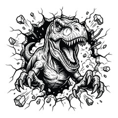 Ferocious Tyrannosaurus Rex Breaking Through Wall Black and White Vector Illustration © TAPU SHAHA