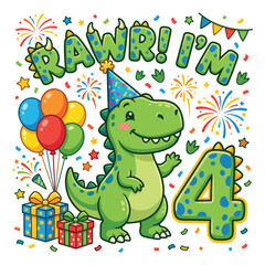 Rawr I’m 4 Cute Dinosaur Birthday Party Cartoon Vector Illustration © TAPU SHAHA