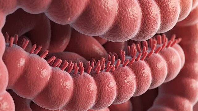Close-up of the intestinal villi, showing the structures responsible for nutrient absorption within the human digestive system