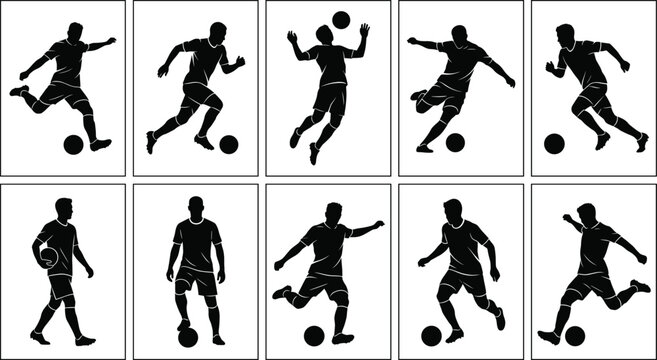 Black silhouette soccer players in various dynamic poses with ball, running, dribbling, kicking, jumping, and athletic movements