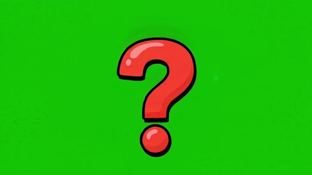 Animated cartoon red question mark bouncing on a green screen background for video editing chroma key overlay