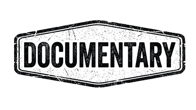 A distressed grunge style hexagonal banner with the word "DOCUMENTARY" in bold uppercase letters on a white background.