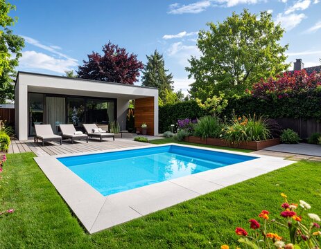 Moderner Garten mit stilvollem Kinderpool und Lounge-Bereich