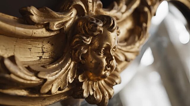 Intricate Antique Wood Carving of a Cherub Face Detail.
