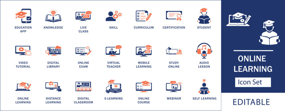 Online learning and digital education icon set. Featuring virtual classroom, e-learning video tutorial, distance knowledge exam, and mobile study symbols.