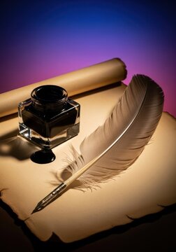 Elegant antique writing equipment featuring a classic feather quill and a glass inkwell filled with deep black liquid, resting on aged parchment, macro, script, equipment