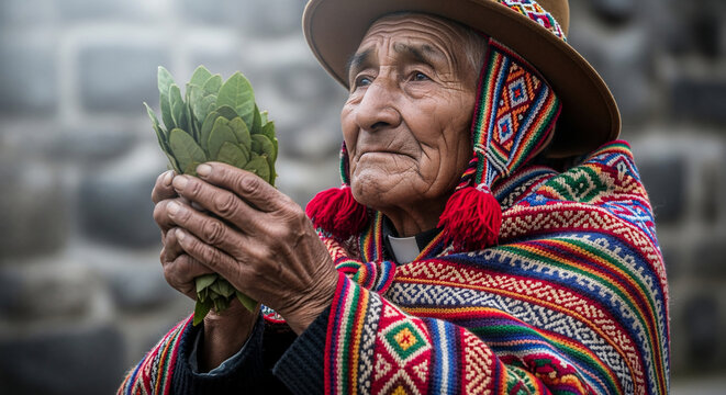 Elderly indigenous woman in traditional attire holding coca leaves.