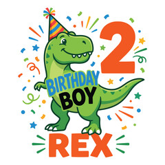 2 Birthday Boy Rex Cute Dinosaur Birthday Cartoon Vector Illustration © TAPU SHAHA