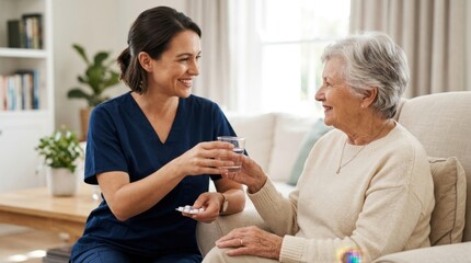 Fototapeta premium A caregiver kindly providing medication and water to an elderly person in a bright and clean home environment.