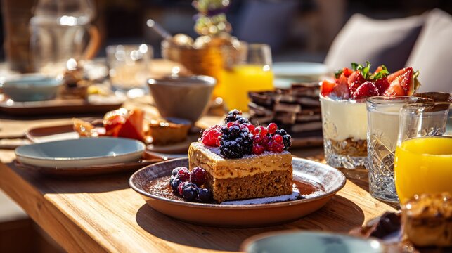 An outdoor brunch setup featuring desserts served alongside fruit and drinks on a wooden table under bright sunlight