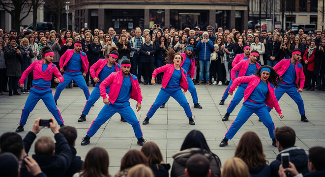 Energetic male dancers performing a synchronized routine outdoors.