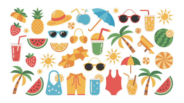 Vibrant summer icons set with fruit drinks sunglasses and beachwear on white background