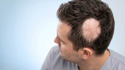 Fototapeta premium Patchy Alopecia Areata Hair Loss on Male Scalp with Medical Background